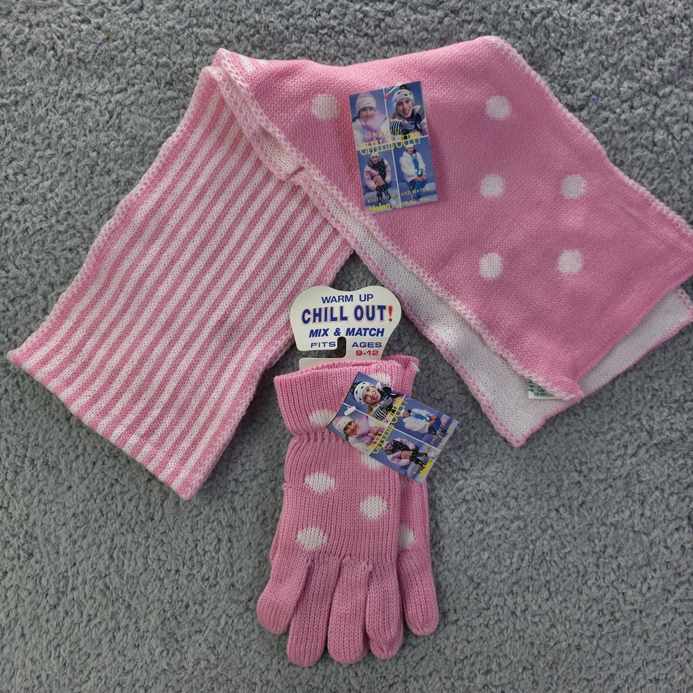Nolan Glove Co. Girls Pink Polka Dot Striped Scarf & Gloves Set Ages 9-12 NEW